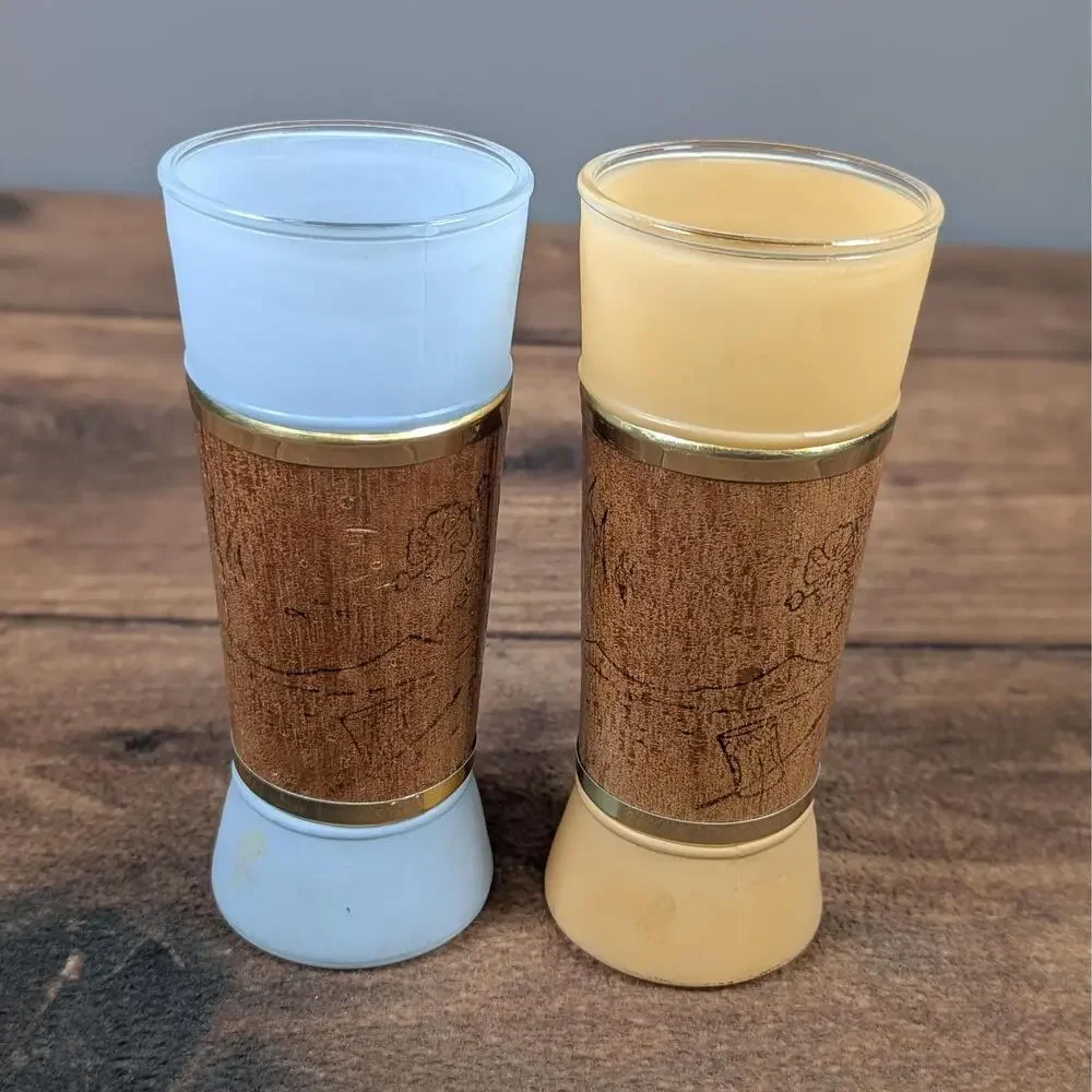 MCM Siesta Ware Drinking Glasses Set Of Four Frosted Glass Wood Accent Gold Trim